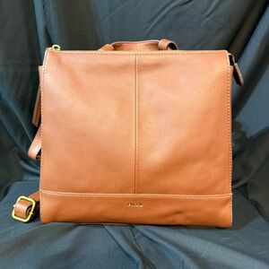 Fossil Leather Convertible Backpack Crossbody - Cognac Brown
